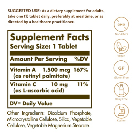 Supplement Facts label for Solgar Dry Vitamin A 5000 IU tablets
