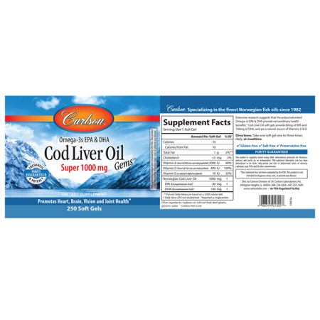 Supplement Facts label for Carlson Laboratories Cod Liver Oil Gems 1000 MG