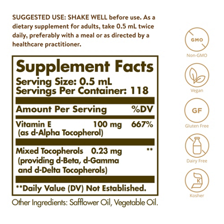 Supplement Facts label for Solgar Natural Liquid Vitamin E 20000 IU