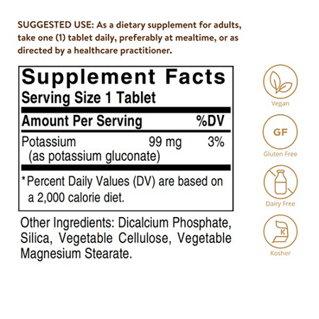 Supplement Facts label for Solgar Potassium 99 MG