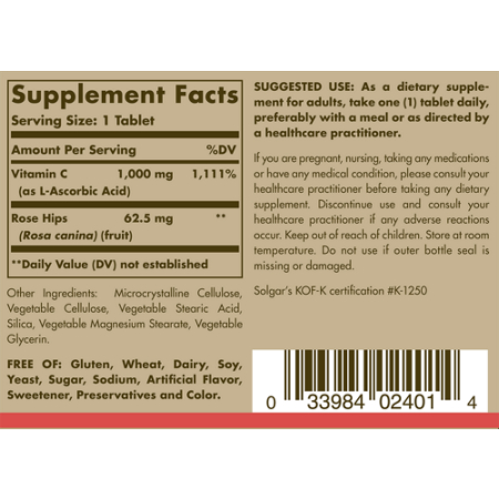 Supplement Facts label for Solgar Vitamin C With Rose Hips 1000 MG tablets