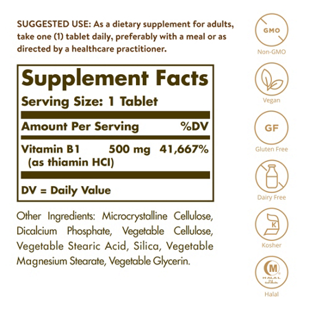 Supplement Facts label for Solgar Super Potency Vitamin B1 Thiamin 500 MG