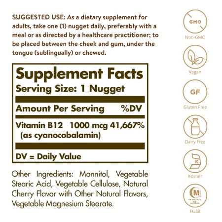 Supplement Facts label for Solgar Vitamin B12 Sublingual 1000 MCG