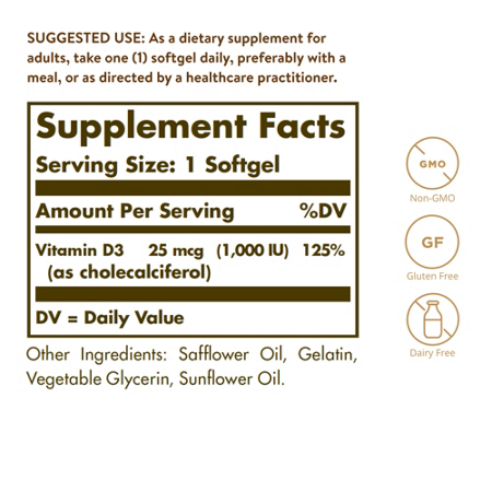 Supplement Facts label for Solgar Natural Vitamin D3 1000 IU