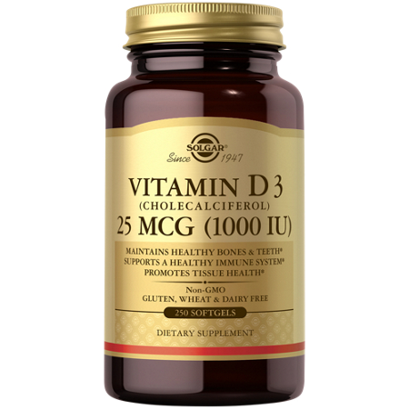 Solgar Vitamin D3 softgels 1000 IU bottle front