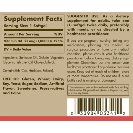 Supplement Facts label for Solgar Vitamin D3 1000 IU softgels