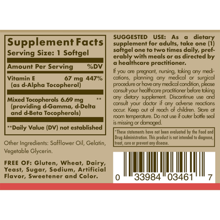 Supplement Facts label for Solgar Natural Vitamin E 100 IU softgels