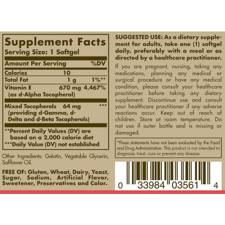 Supplement Facts label for Solgar Natural Vitamin E 1000 IU softgels