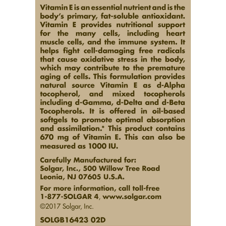 Directions for Solgar Natural Vitamin E Softgels 1000 IU