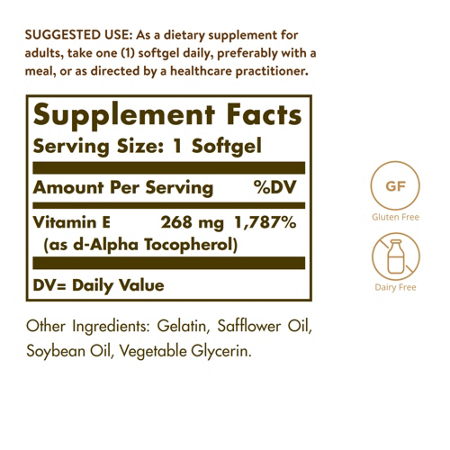 Supplement Facts label for Solgar Natural Vitamin E 400 IU Softgels