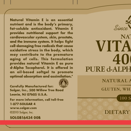 Solgar Natural Vitamin E Softgels 400 IU label