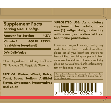 Supplement Facts label for Solgar Natural Vitamin E 400 IU