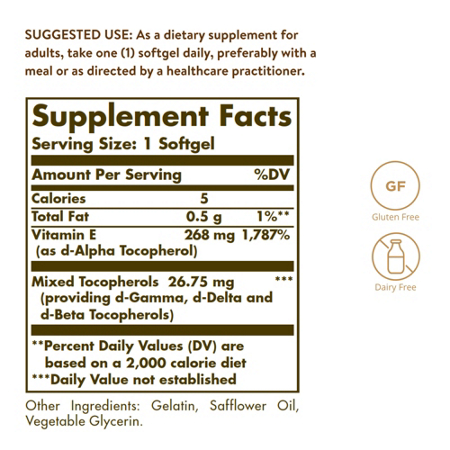 Supplement Facts label for Solgar Natural Vitamin E 400 IU Softgels