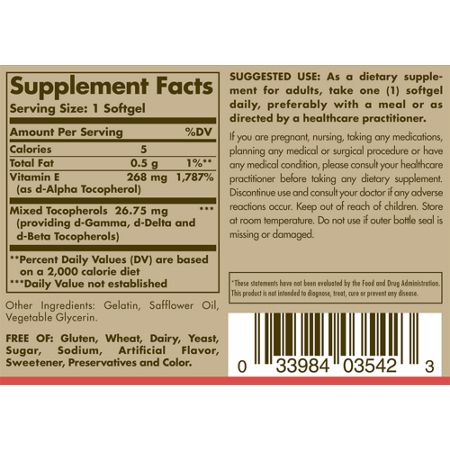 Supplement Facts label for Solgar Natural Vitamin E 400 IU