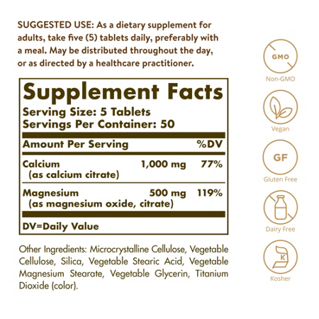 Supplement Facts label for Solgar Calcium Magnesium Citrate