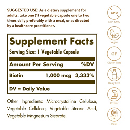 Supplement Facts label for Solgar Biotin 1000 MCG capsules