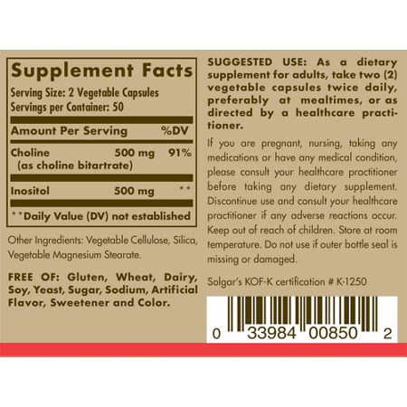 Solgar Choline & Inositol 500MG Supplement Facts Label