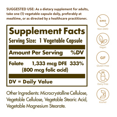 Supplement Facts label for Solgar Folic Acid 800 MCG capsules