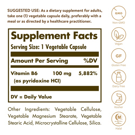 Supplement Facts label for Solgar Vitamin B6 vegetarian capsules 100 MG