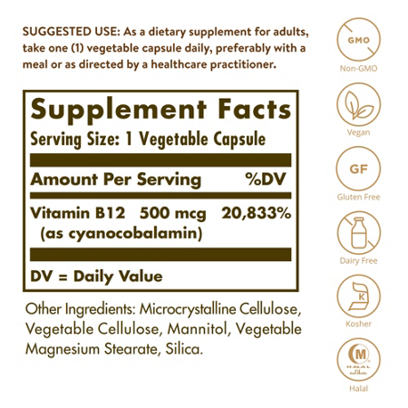 Supplement Facts label for Solgar Vitamin B12 500 MCG Vegetarian Capsules