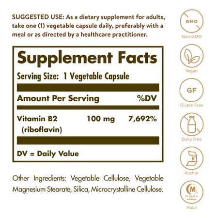 Solgar Vitamin B2 100MG Vegetarian Capsules Label