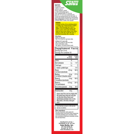 Supplement Facts label for Floradix Iron Herbs Liquid Extract