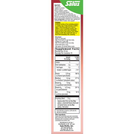 Supplement Facts label for Floradix Floravital Iron + Herbs Liquid Extract