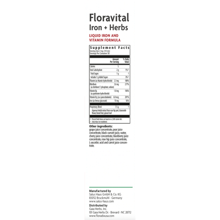 Supplement Facts label for Floradix Floravital Iron + Herbs Liquid Extract