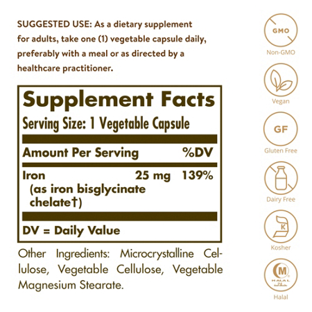 Supplement Facts label for Solgar Gentle Iron Vegetarian Capsules 25 MG