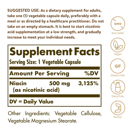 Supplement Facts label for Solgar Niacin Vitamin B3 500 MG