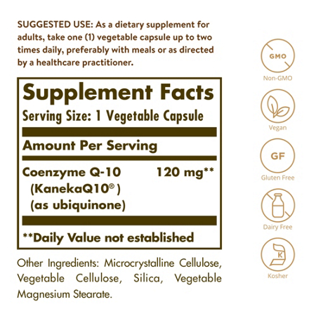 Supplement Facts label for Solgar CoQ-10 120 MG Vegetarian Capsules