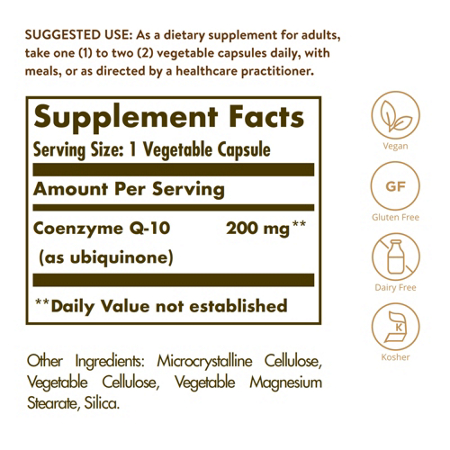 Supplement Facts label for Solgar CoQ10 200 MG Vegetarian Capsules