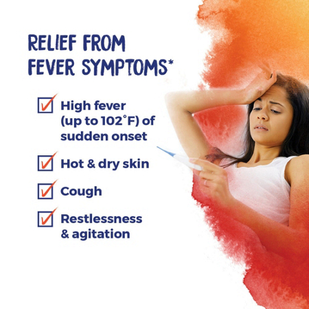 Relief from fever symptoms text with a woman holding a thermometer