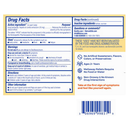 Drug Facts label for Oscillococcinum Homeopathic Medicine for Flu Like Symptoms
