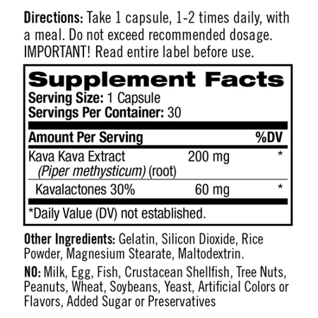Supplement Facts label for Natrol Kava Kava Herbal Extract Capsules 200 MG