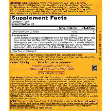 Supplement Facts label for Super Cleanse tablets