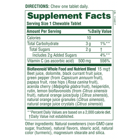 Supplement Facts label for Vitamin C 500 MG Chewables