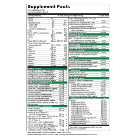 Supplement Facts label for Vibrant Health Green Vibrance Grass