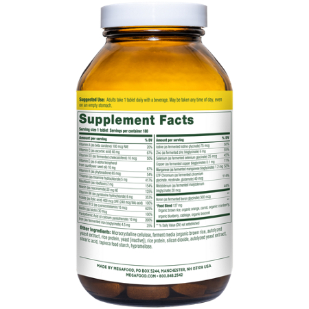 Supplement Facts label for Megafood Once Daily Multivitamin