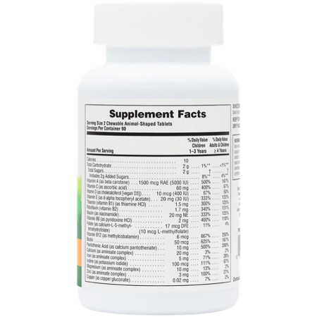 Supplement Facts label for Natures Plus Animal Parade Multivitamin for Kids