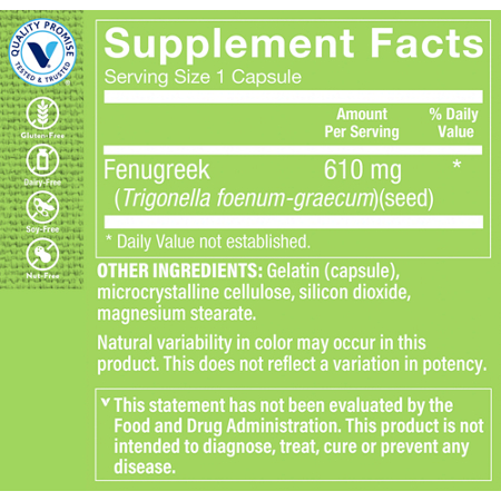 Supplement Facts label for Fenugreek Seed 610 MG