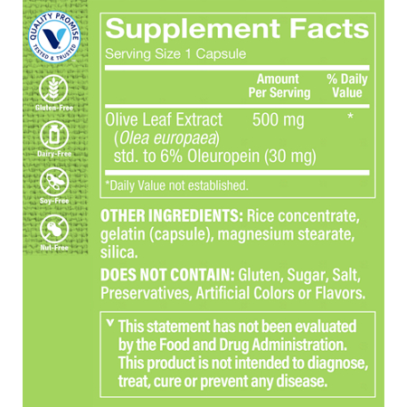 Olive Leaf Extract 500MG Supplement Facts Label