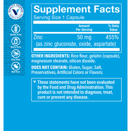 Supplement Facts label for Zinc Supplements 50 MG