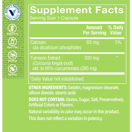 Supplement Facts label for Turmeric Extract 300 MG 95 percent Curcuminoids