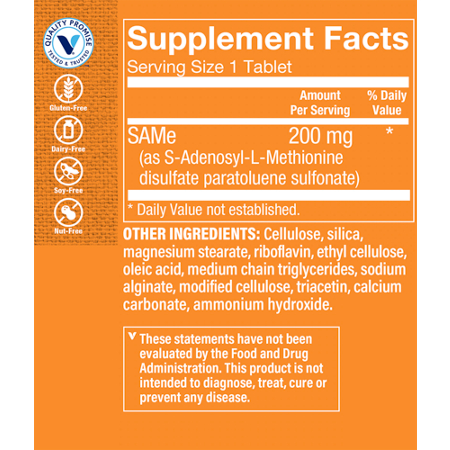 Supplement Facts label for SAM-e 200 MG tablets