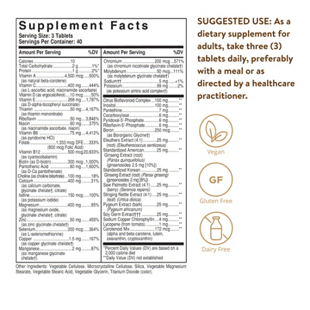 Supplement Facts label for Solgar Male Multiple tablets