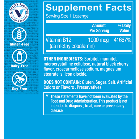 Supplement Facts label for B12 Methylcobalamin Lozenges 1000 MCG Black Cherry