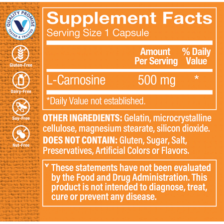 Supplement Facts label for L-Carnosine Amino Acid Cellular Health 500 MG