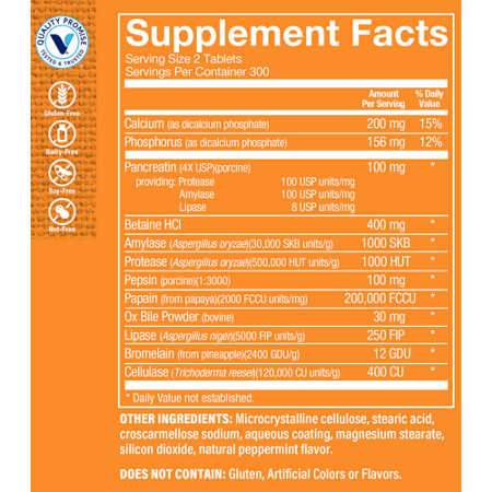 Supplement Facts label for Multi-Enzyme Digestive Formula 600 Tablets