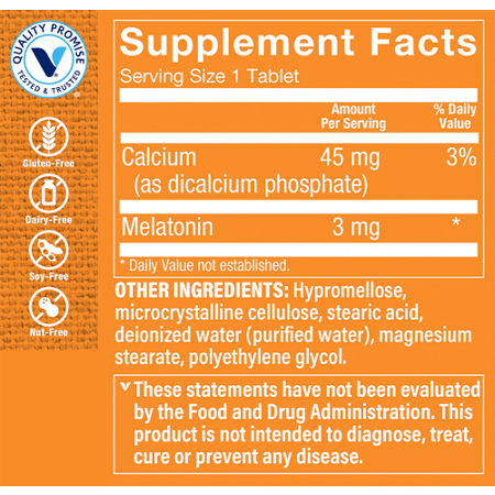 Supplement label for 3 MG Melatonin Sleep Tablets
